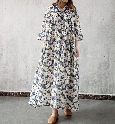 Cotton floral dress Summer dress long dress V collar dress beach dress