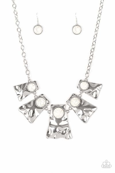 Paparazzi Cougar - Hammered Flared Silver Frame White Stone Bead Necklace $5.00