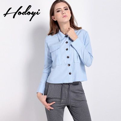Vogue Simple Polo Collar Pocket One Color Spring Casual 9/10 Sleeves Blouse - Bonny YZOZO Boutique Store