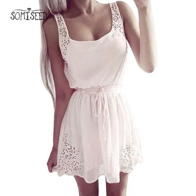 208 New Sexy Dress Slim Sleeveless Hollow Lady Chiffon Mini Vestidos casual Sweet Dresses white/pink Summer Dress Women $27.21
