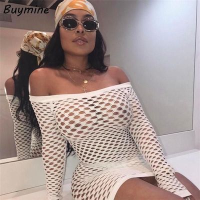 Summer Club Dress Women Black See Through Mesh Dress Long Sleeve Slash Neck Bandage Dresses Bodycon Mini Short Robe Sexy Outfits $20.20