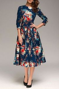 Blue Floral 3/4 Sleeve Fashion Midi Dress