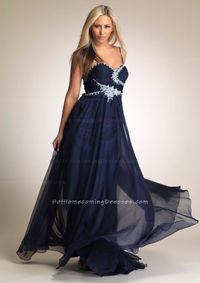 Long Embellished Spaghetti Strapped Navy Floor Length Homecoming Dress
